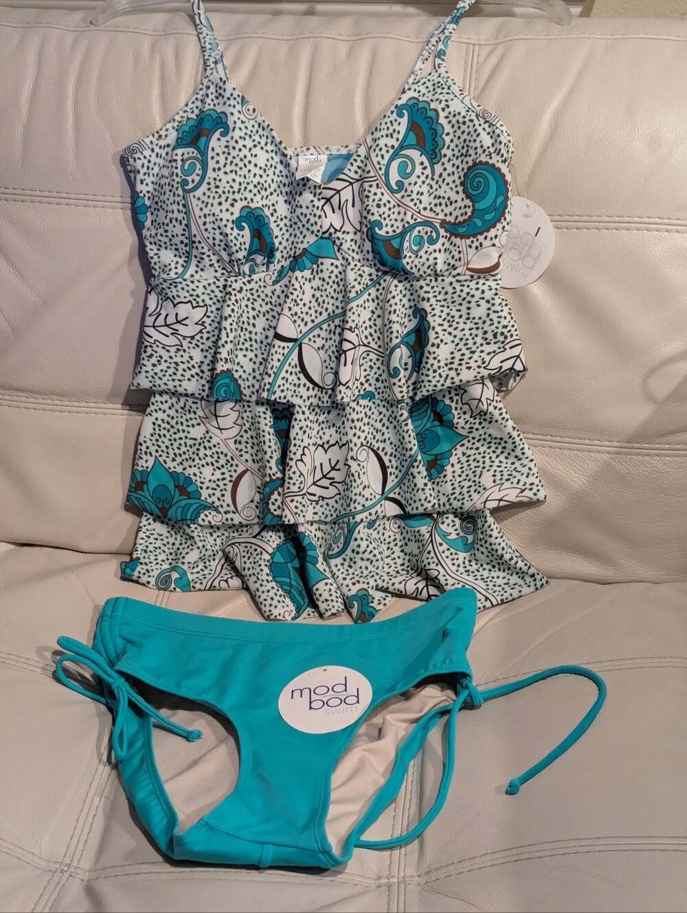Mod Bod Teal Blue Floral Ruffle Tankini 2 pieces Swim Set Sz M NWT